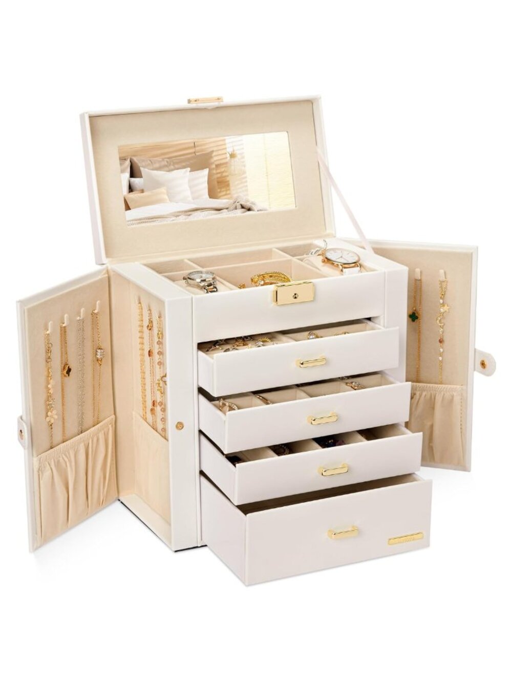 Large 5-Layer Jewelry Box Organizer Faux Leather Lock Mirror